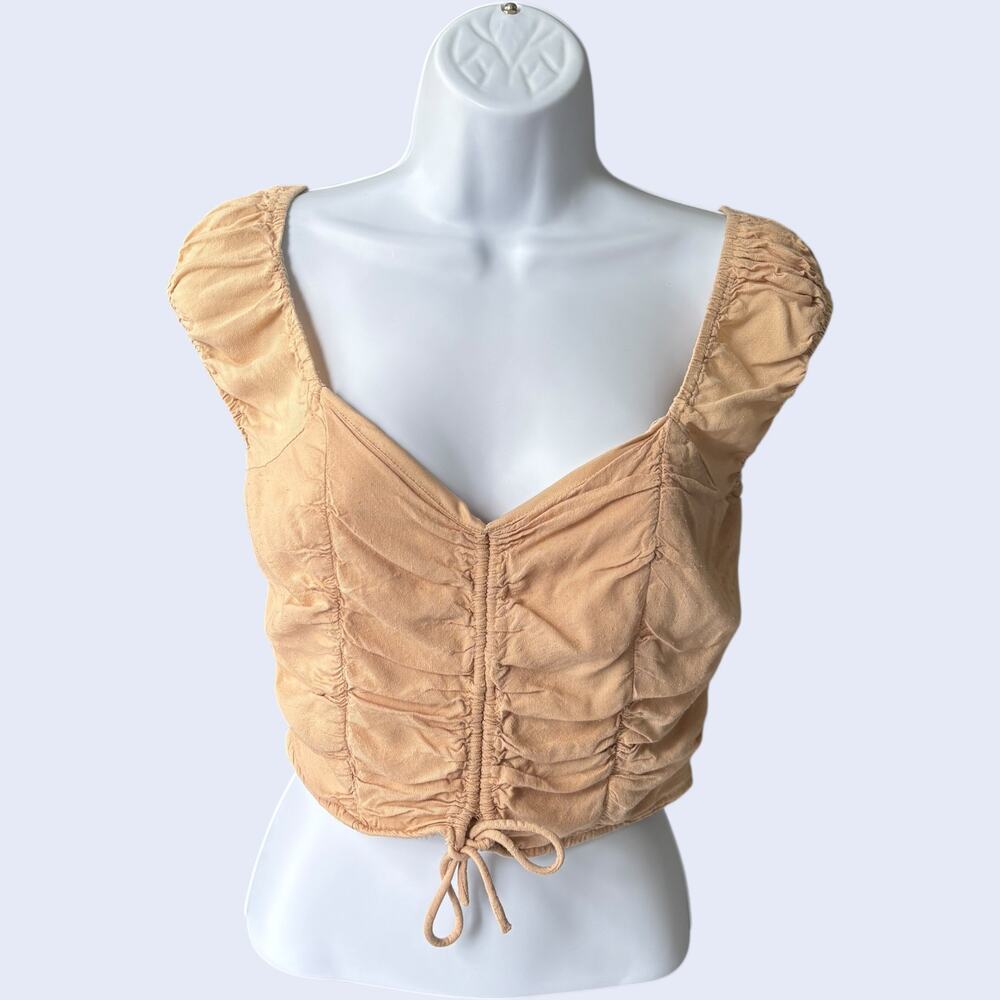 Japna ruched drawstring crop top beige smocked back cap sleeve Y2K coquette